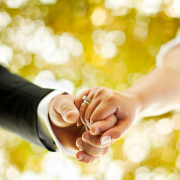 Just married couple, holding hands and walking in nature